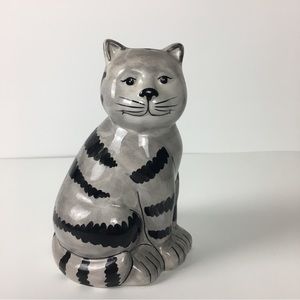 Tiger Striped Cat Ceramic Piggy Bank. Gray Black Stripes.